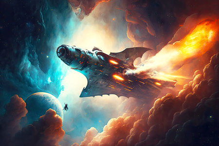 fantastic spaceship in deep space against backdrop of giant nebula, generative aiの素材