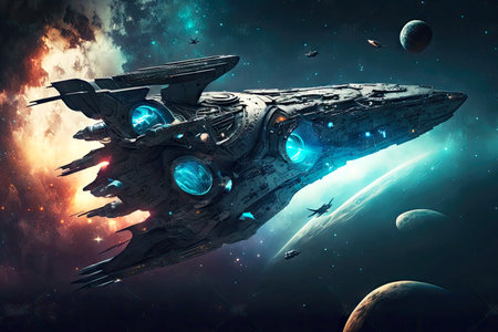 panoramic view of fantastic spaceship in deep space against backdrop of distant galaxies, generative aiの素材