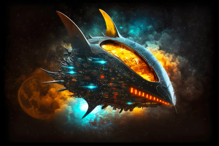 bright glowing spaceship in fantastic helmet form against backdrop of dark universe fantastic spaceship in deep space, generative aiの素材