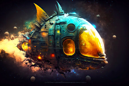 bright glowing spaceship in fantastic helmet form against backdrop of dark universe fantastic spaceship in deep space, generative aiの素材