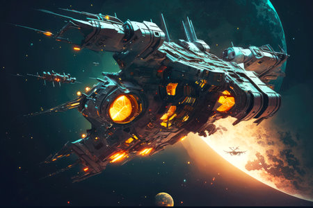futuristic military fighting space ship fantastic spaceship in deep space, generative aiの素材