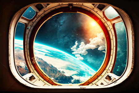 panoramic view from window of fantastic spaceship in deep space, generative aiの素材
