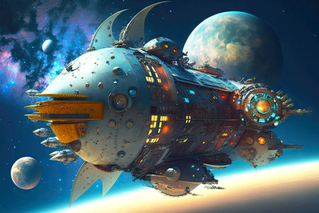 fantastic spaceship in deep space against backdrop of blue sky and planets, generative aiの素材