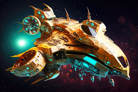 futuristic unusual vehicle in form of fantastic spaceship in deep space, generative aiの素材