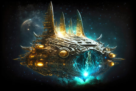 metal cosmic vessel in form of fantastic spaceship in deep space, generative aiの素材