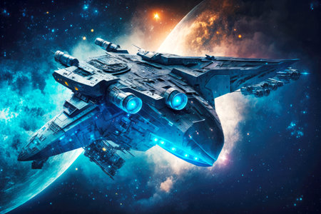 futuristic blue fantastic spaceship in deep space among stars, generative aiの素材