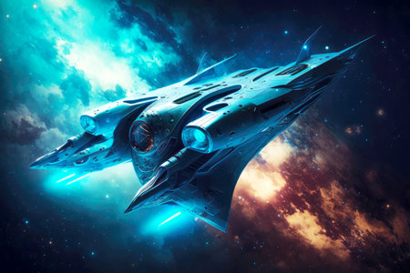 futuristic blue fantastic spaceship in deep space among stars, generative aiの素材