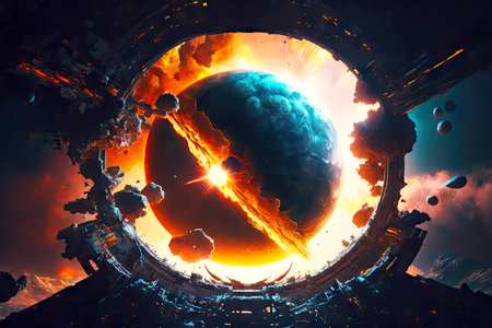 explosion of planet from close perspective in fantastic spaceship in deep space, generative aiの素材