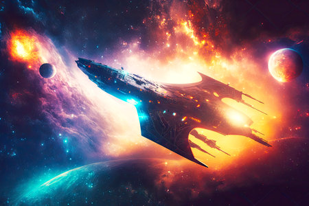 magical galaxy with stars in cosmic rays fantastic spaceship in deep space, generative aiの素材