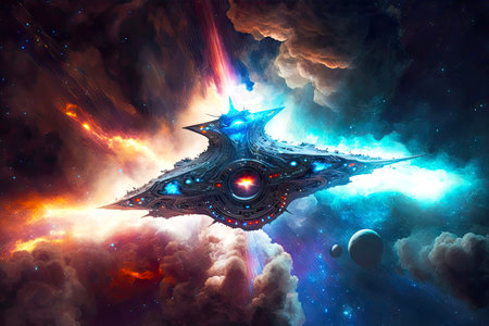 magical galaxy with stars in cosmic rays fantastic spaceship in deep space, generative aiの素材