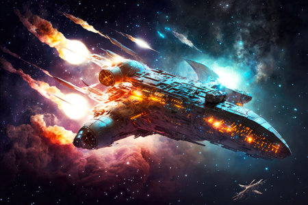 fantastic spaceship in deep space travels among bright stars, generative aiの素材