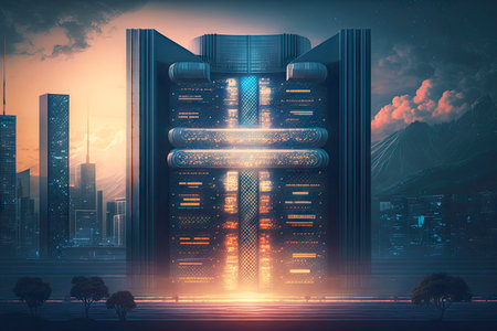 futuristic library data center in form of futuristic skyscraper against background of big city, generative aiの素材