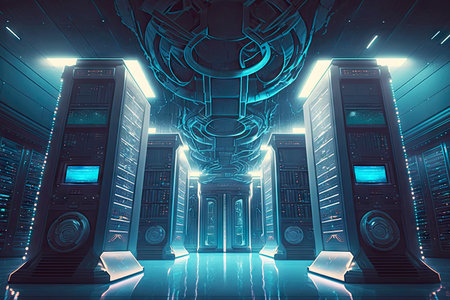 futuristic library data center with futuristic computers and high-tech equipment, generative aiの素材