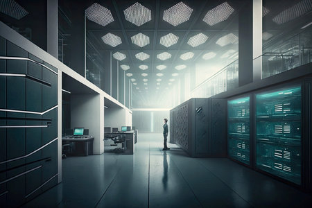 open work space in office of modern employee and futuristic library data center, generative aiの素材