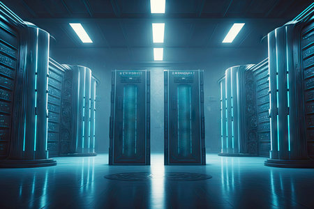 future technologies and high-tech computers in futuristic library data center, generative aiの素材