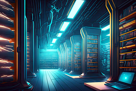 library with shelves of electronic devices and computers futuristc library data center, generative aiの素材