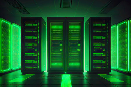 green glowing server technology in futuristic library data center, generative aiの素材