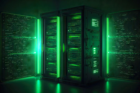 green glowing server technology in futuristic library data center, generative aiの素材