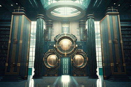 futuristic library data center in antique style with elements of architecture, generative aiの素材