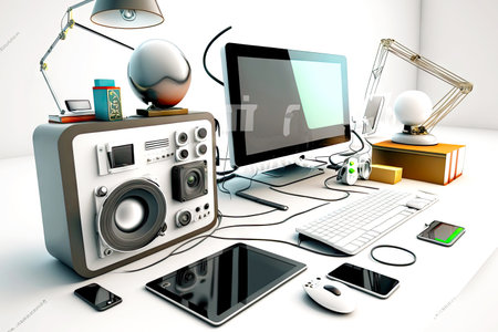 interior of room with some technical gadgets and computer in form of tablet or pad isolated on white background, generative aiの素材