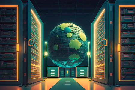 futuristic library data center with racks of servers and global network, generative aiの素材