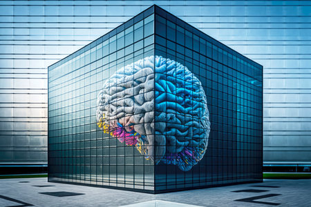 image of huge human brain in mosaic on glass wall of futuristic library data center, generative aiの素材