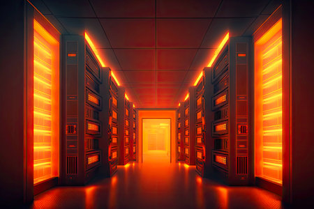 illuminated with bright light futuristic library data center in orange colors, generative aiの素材