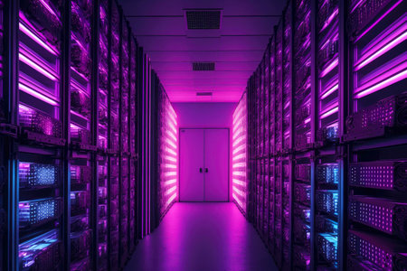 pink and purple lights illuminate minerals in futuristic library data center, generative aiの素材