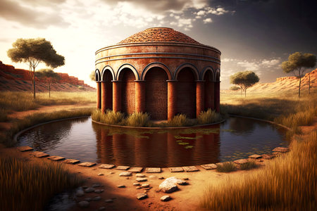 small brick cistern in ancient citys outskirts, created with generative aiの素材