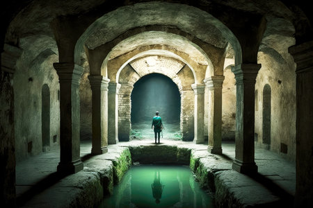 person walking in ancient cistern with stone walls, created with generative aiの素材