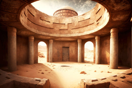 round ancient cistern with bricks on walls and ceiling in middle of desert, created with generative aiの素材