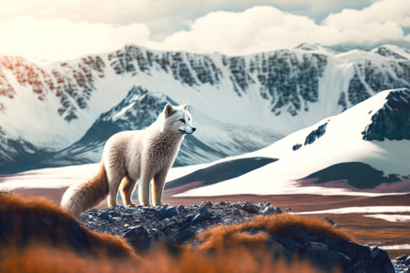 large landscape with snow-covered mountains and arctic fox, created with generative aiの素材