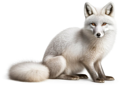 intriguing arctic fox with gray paws and round head isolated on white background, created with generative aiの素材