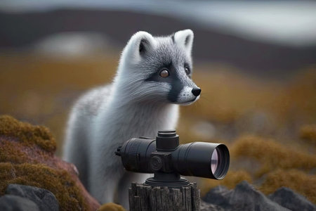 shy arctic fox watches its surroundings through binoculars, created with generative aiの素材