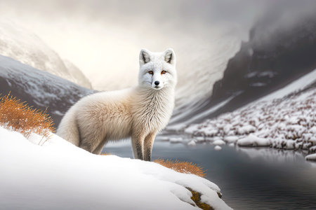 small fluffy arctic fox in snow-covered valley, created with generative aiの素材