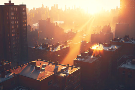 city rooftops and high-rises illuminated by sun in morning city rooftop view, created with generative aiの素材