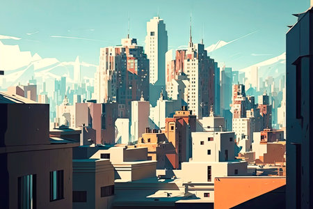 panoramic landscape of city rooftops with modern high-rise buildings, created with generative aiの素材