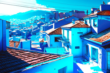 beautiful bright blue cityscape of modern mixed houses on roof top view, created with generative aiの素材
