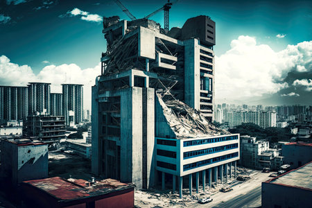 huge modern construction in center of town from city rooftop view, created with generative aiの素材