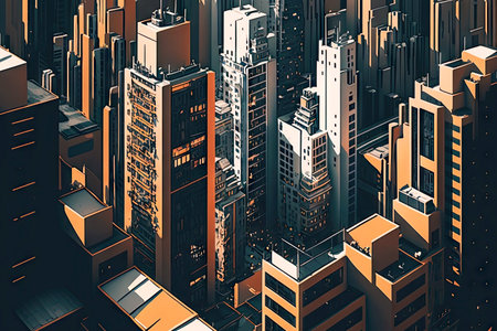 dense multi-level cityscape of skyscrapers city rooftop view, created with generative aiの素材
