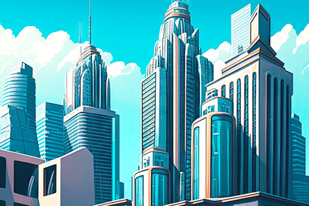 city rooftop view of tall modern skyscrapers against background of blue sky, created with generative aiの素材
