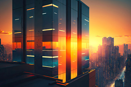 modern high-rise building with glowing glass against background of dawn city rooftop view, created with generative aiの素材