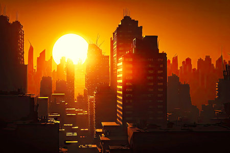 high-rise buildings in city skyline against setting sun city rooftop view, created with generative aiの素材