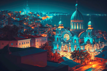 beautiful night landscape of big colorful city with church and high-rise buildings city rooftop view, created with generative aiの素材