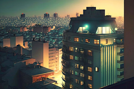 evening panorama of city rooftops view from high-rise building, created with generative aiの素材