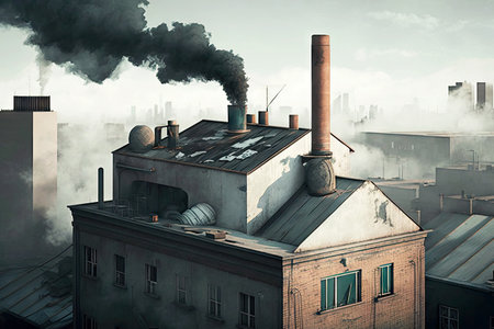 urban concrete building from roof top with smoking chimney city rooftop view, created with generative aiの素材