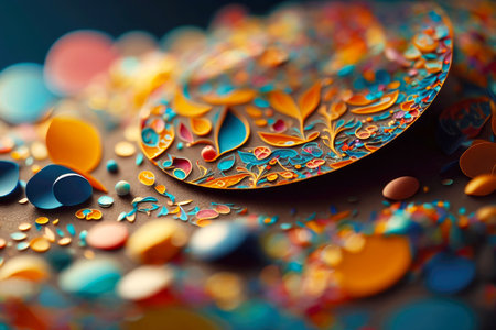 a close-up of a single piece of colorful confetti, with intricate patterns and designs., created with generative aiの素材