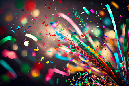 a close-up of a colorful confetti explosion, with streamers and sparklers flying in the air., created with generative aiの素材