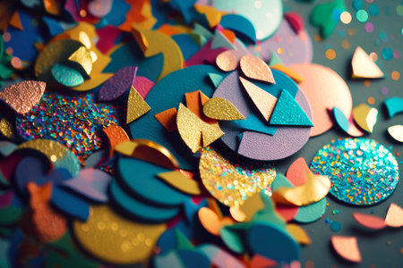 a close-up of a handful of colorful confetti, with glittery edges and different shapes., created with generative aiの素材