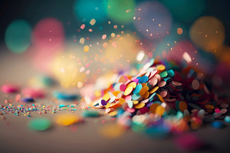 a close-up of a pile of colorful confetti, with blurred backgrounds and bokeh effects., created with generative aiの素材